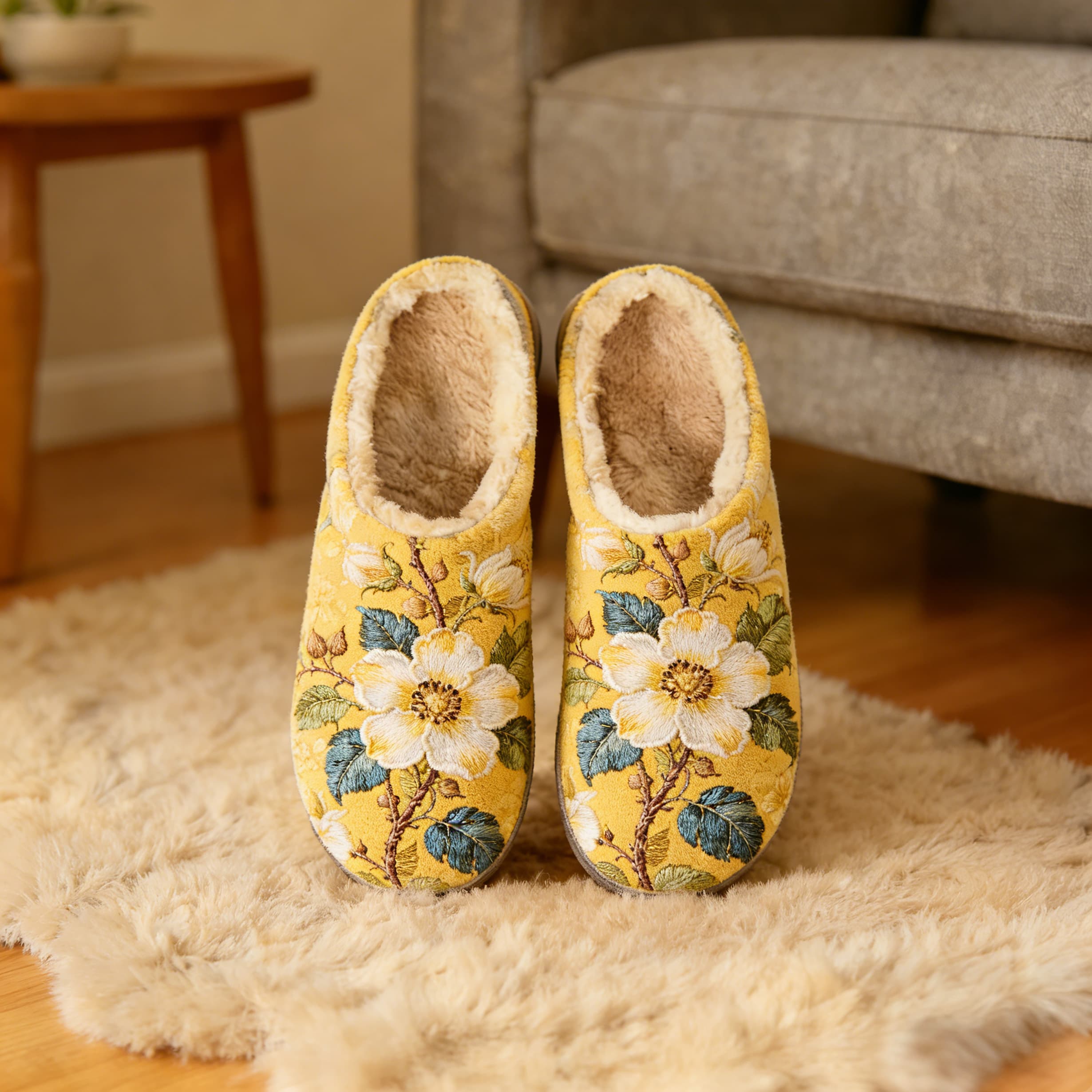 Mustard White Blossom Branch Embroidery Plush Printed Slippers