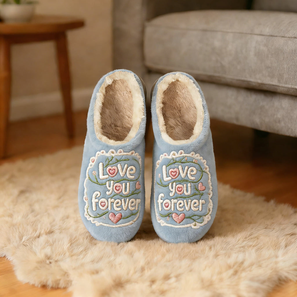 Light Blue "Love You Forever" Embroidery Plush Printed Slippers