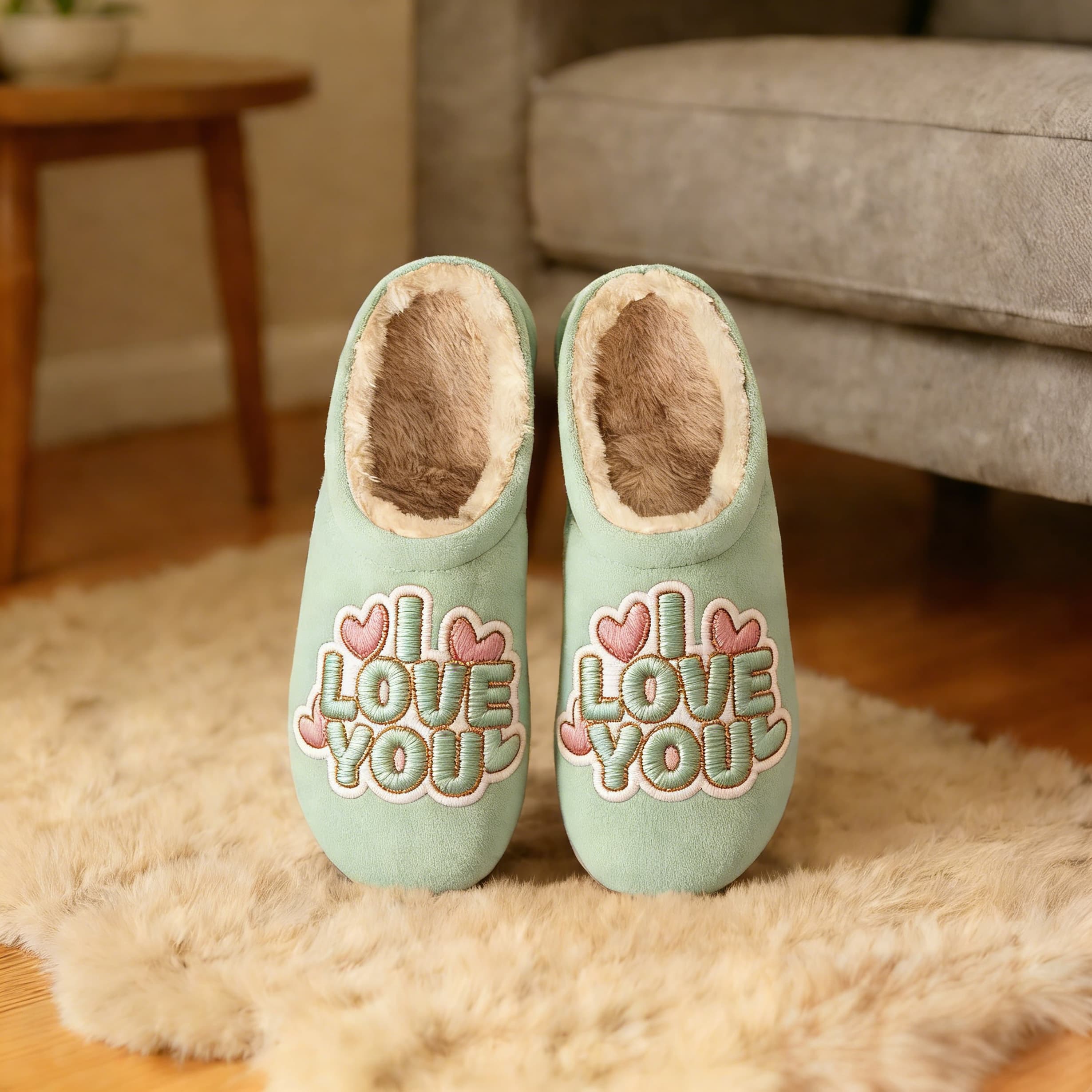 Mint Green Heart Embroidery Plush Printed Slippers