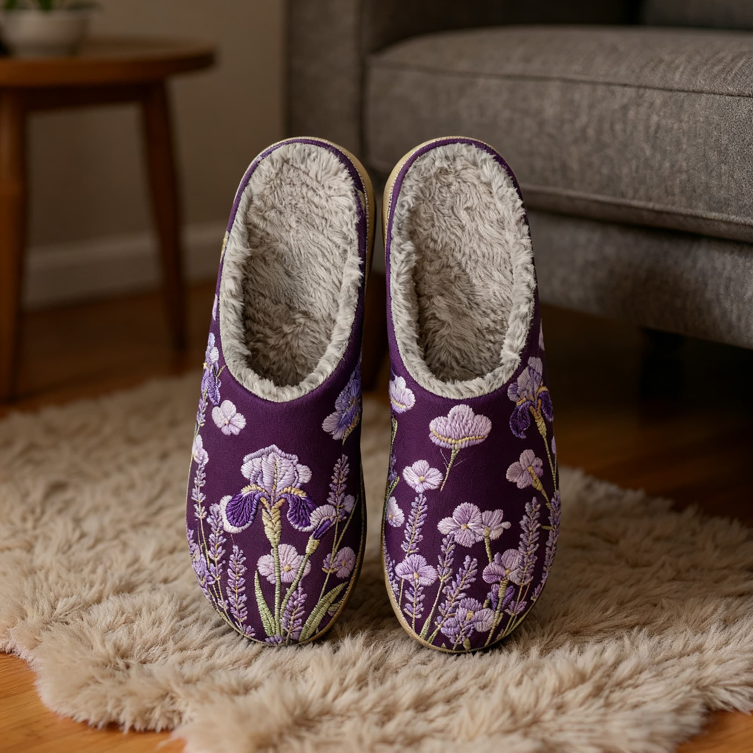 Purple Orchids and Lavender Embroidery Plush Printed Slippers