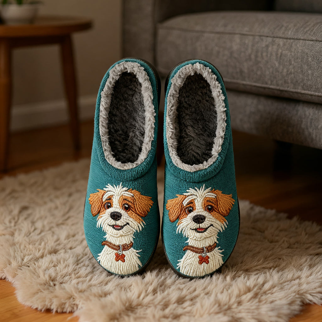 Jolly Bearded Dog Embroidery Plush Printed Slippers