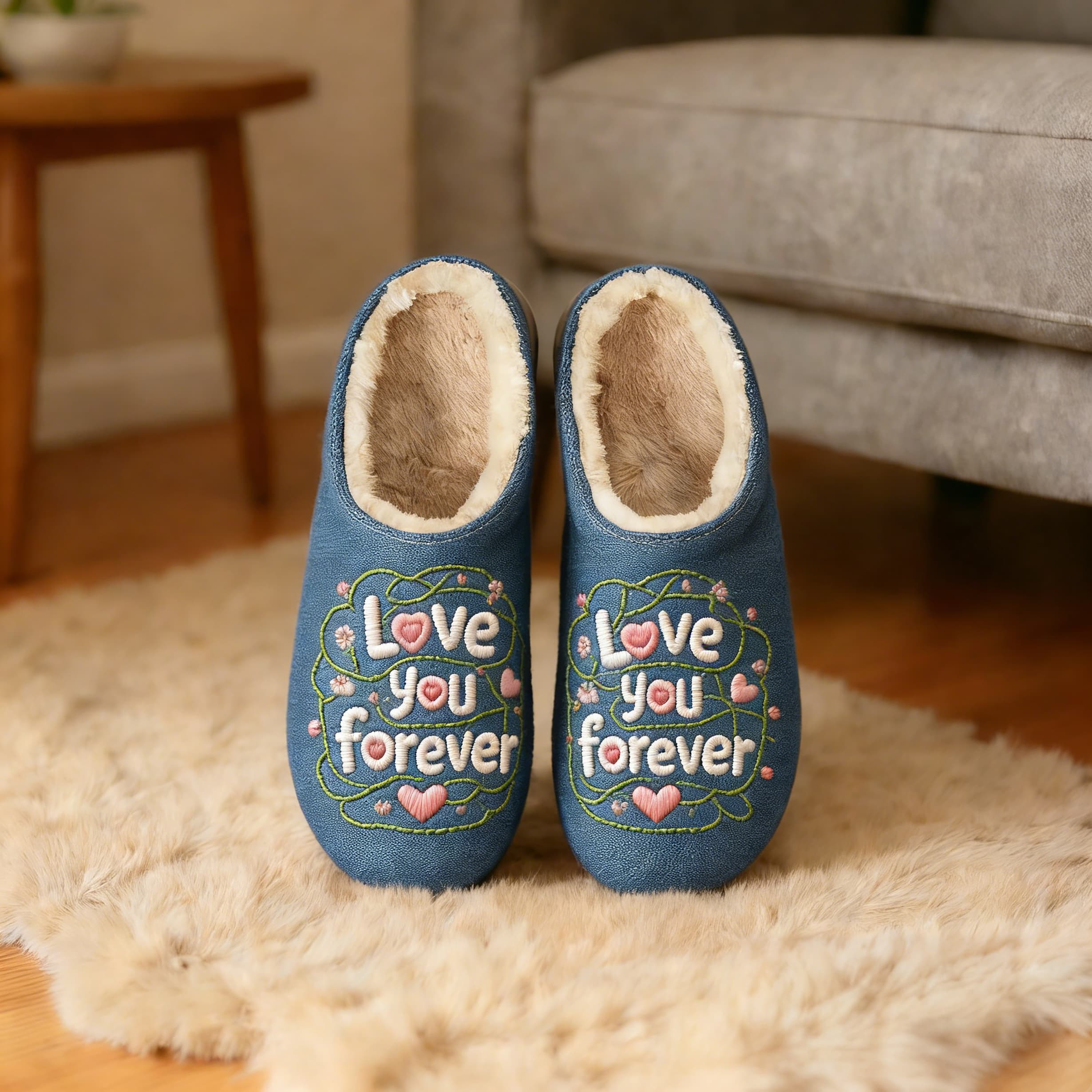 Navy Blue "Love You Forever" Embroidery Plush Printed Slippers