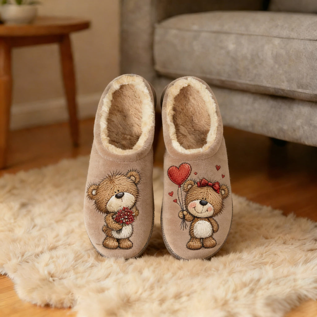 Beige Teddy Bear Couple Embroidery Plush Printed Slippers