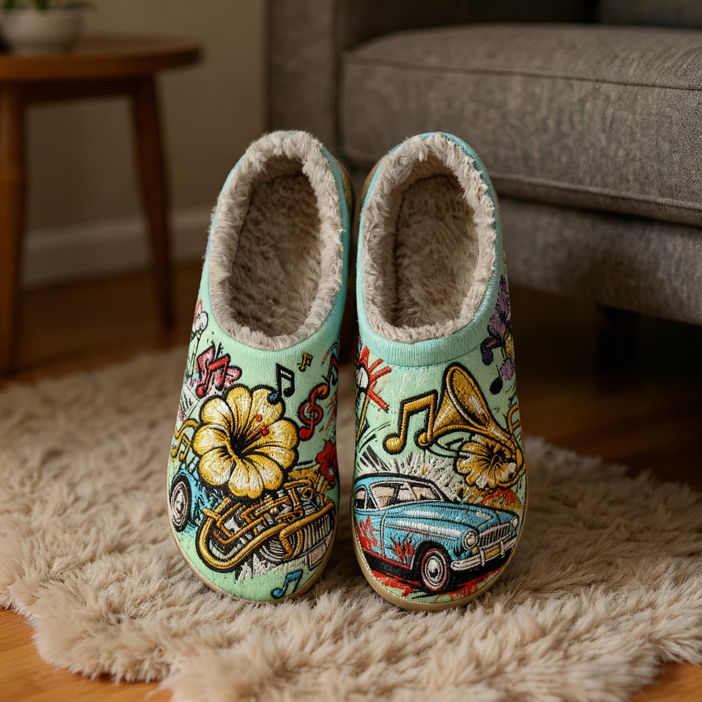 Music Race Car Embroidery Plush Printed Slippers