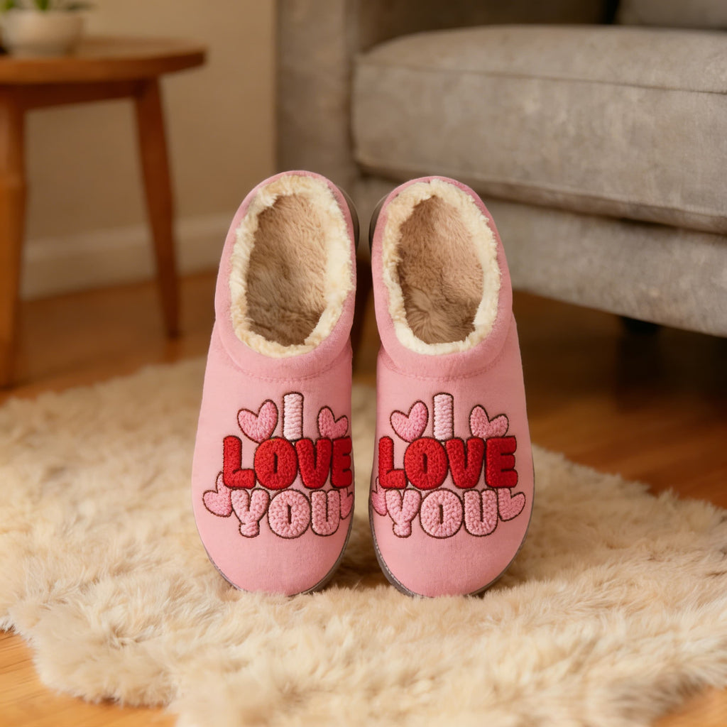 Pink "I Love You" HeartEmbroidery Plush Printed Slippers