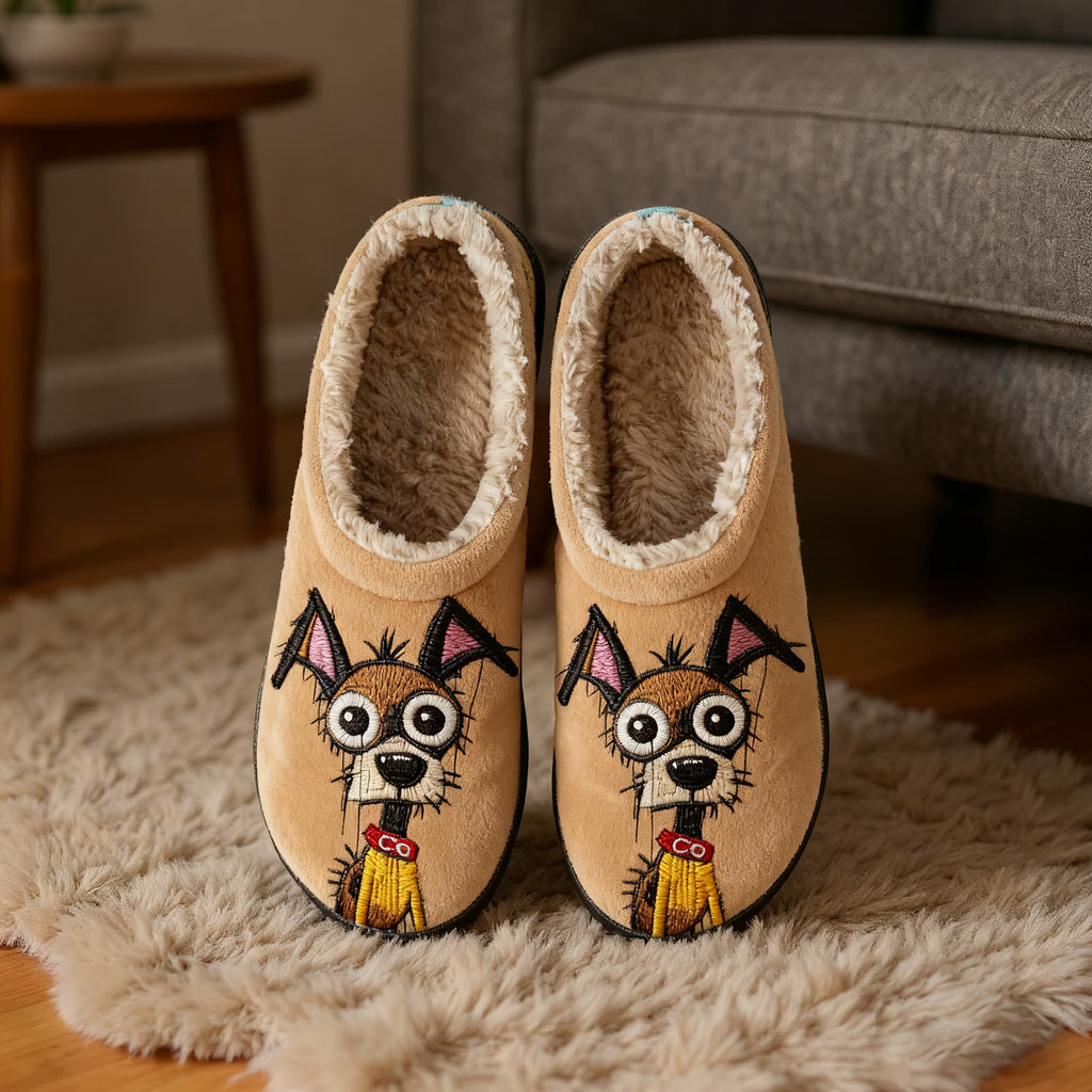 Triangle-Eared Dog Embroidery Plush Printed Slippers