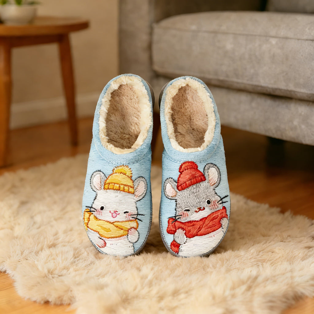 Light Blue Winter Mouse Couple Embroidery Plush Printed Slippers