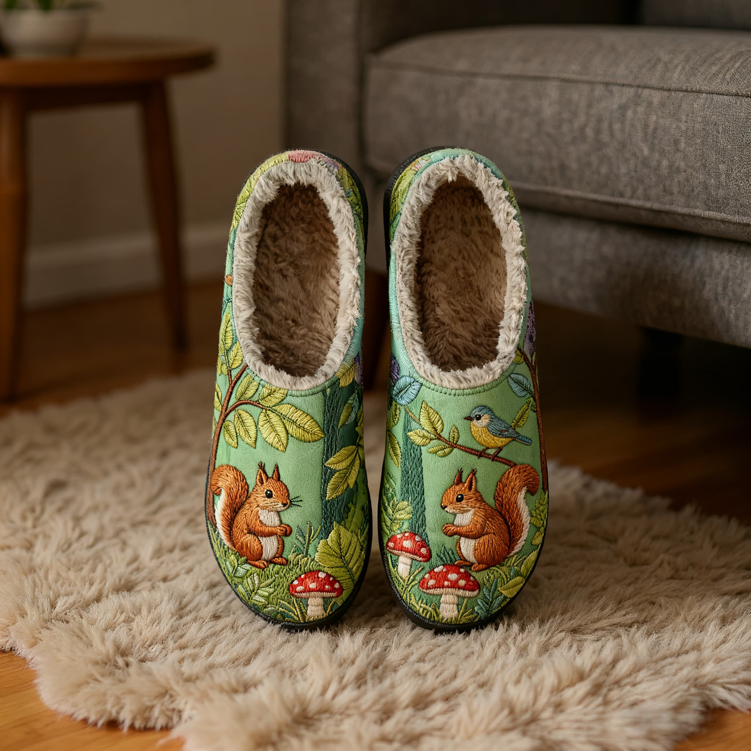 Squirrel and Mushrooms Embroidery Plush Printed Slippers