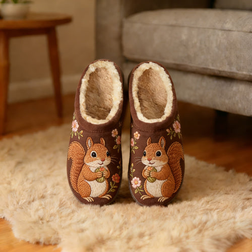 Brown Squirrel Embroidered Embroidery Plush Printed Slippers
