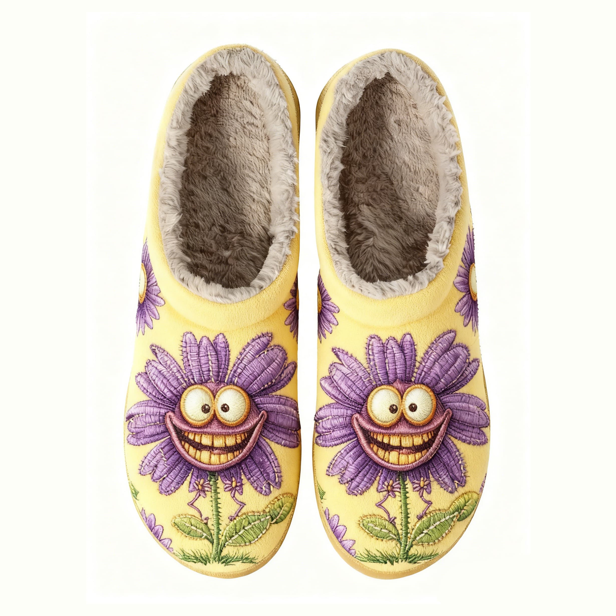 Excited Purple Sunflower Embroidery Plush Printed Slippers