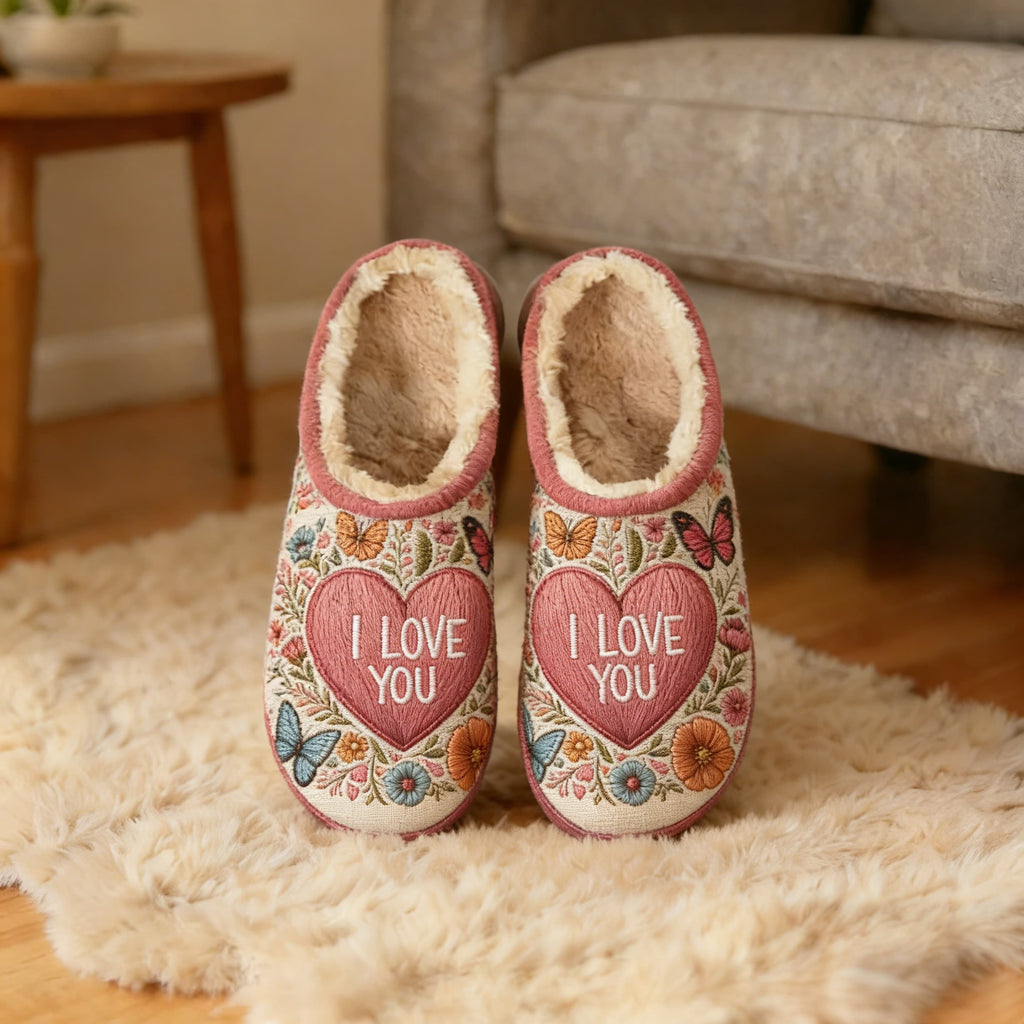 Floral "I Love You" Heart Embroidery Plush Printed Slippers