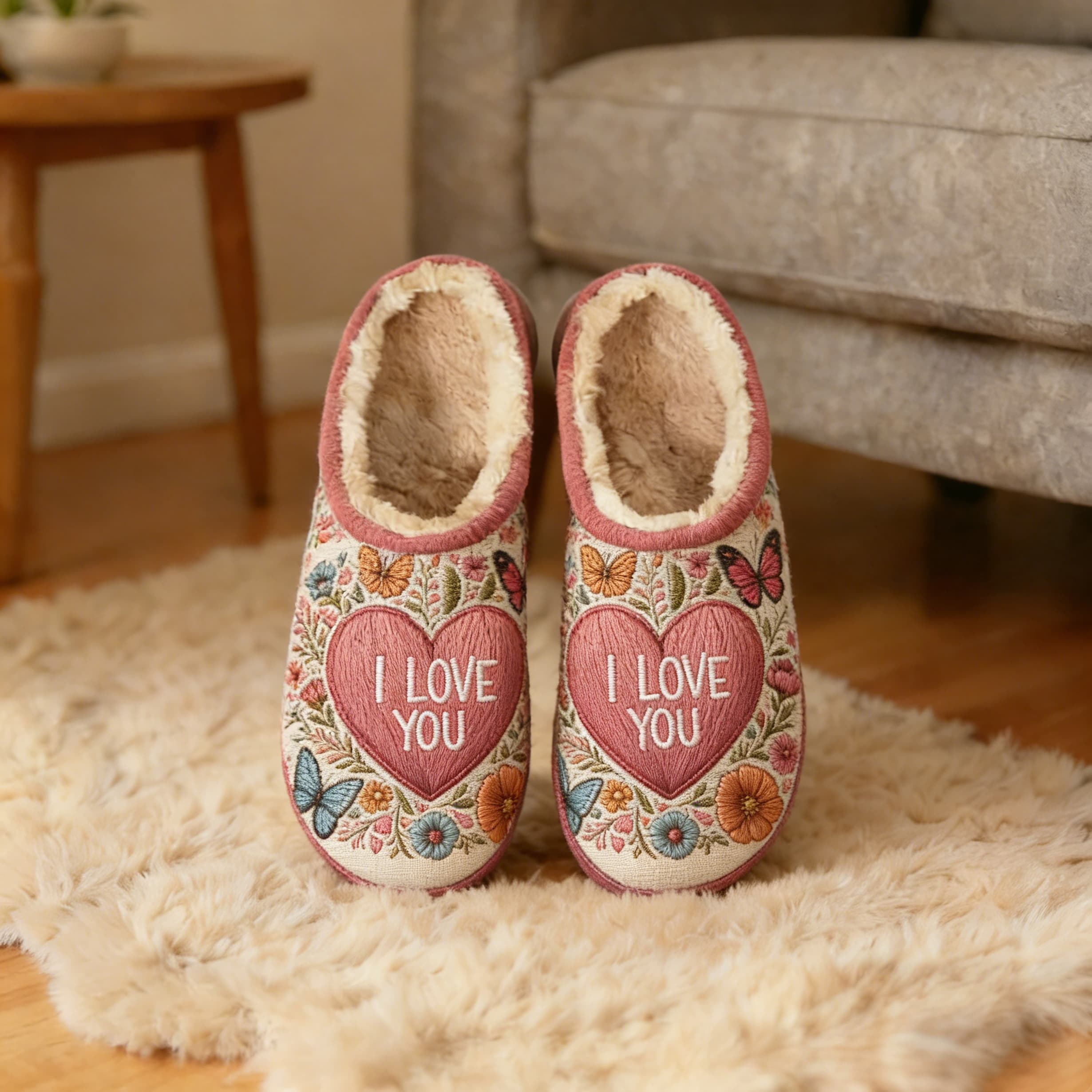 Floral "I Love You" Heart Embroidery Plush Printed Slippers