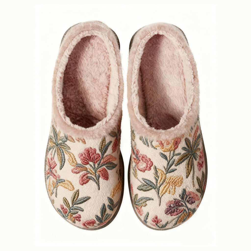 Pink Bouquet Embroidery Plush Printed Slippers