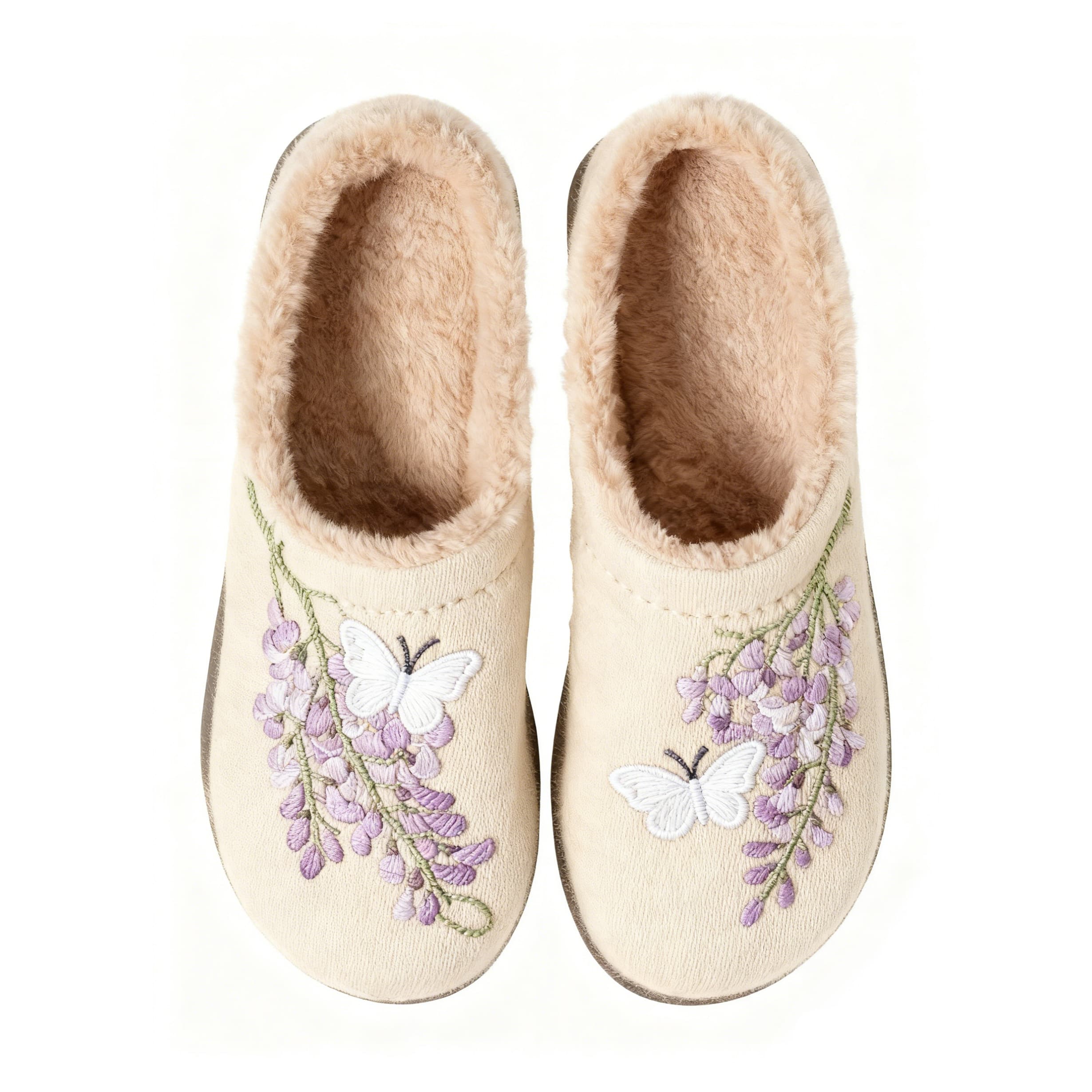 Wisteria - White Butterfly Embroidery Plush Printed Slippers