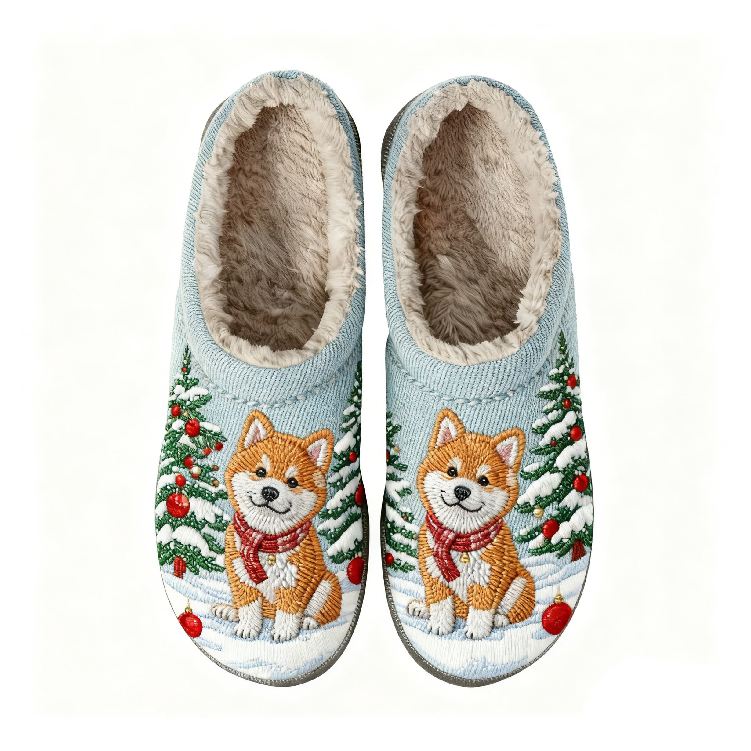 Snowy Shiba Inu Embroidery Plush Printed Slippers