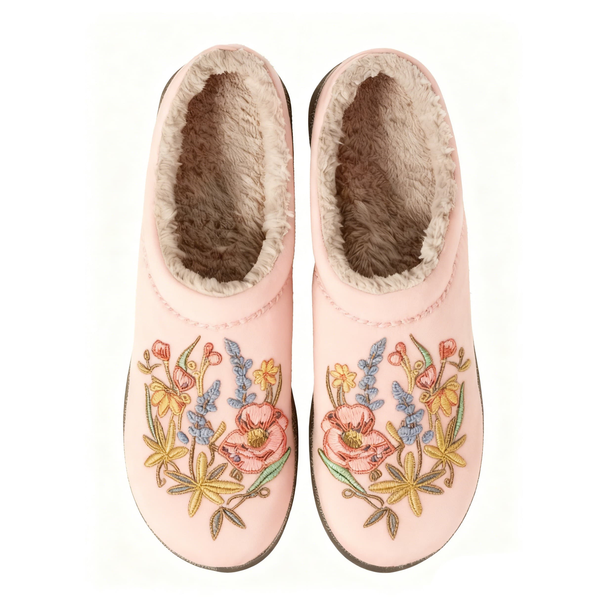 Pink Rose Bouquet Embroidery Plush Printed Slippers