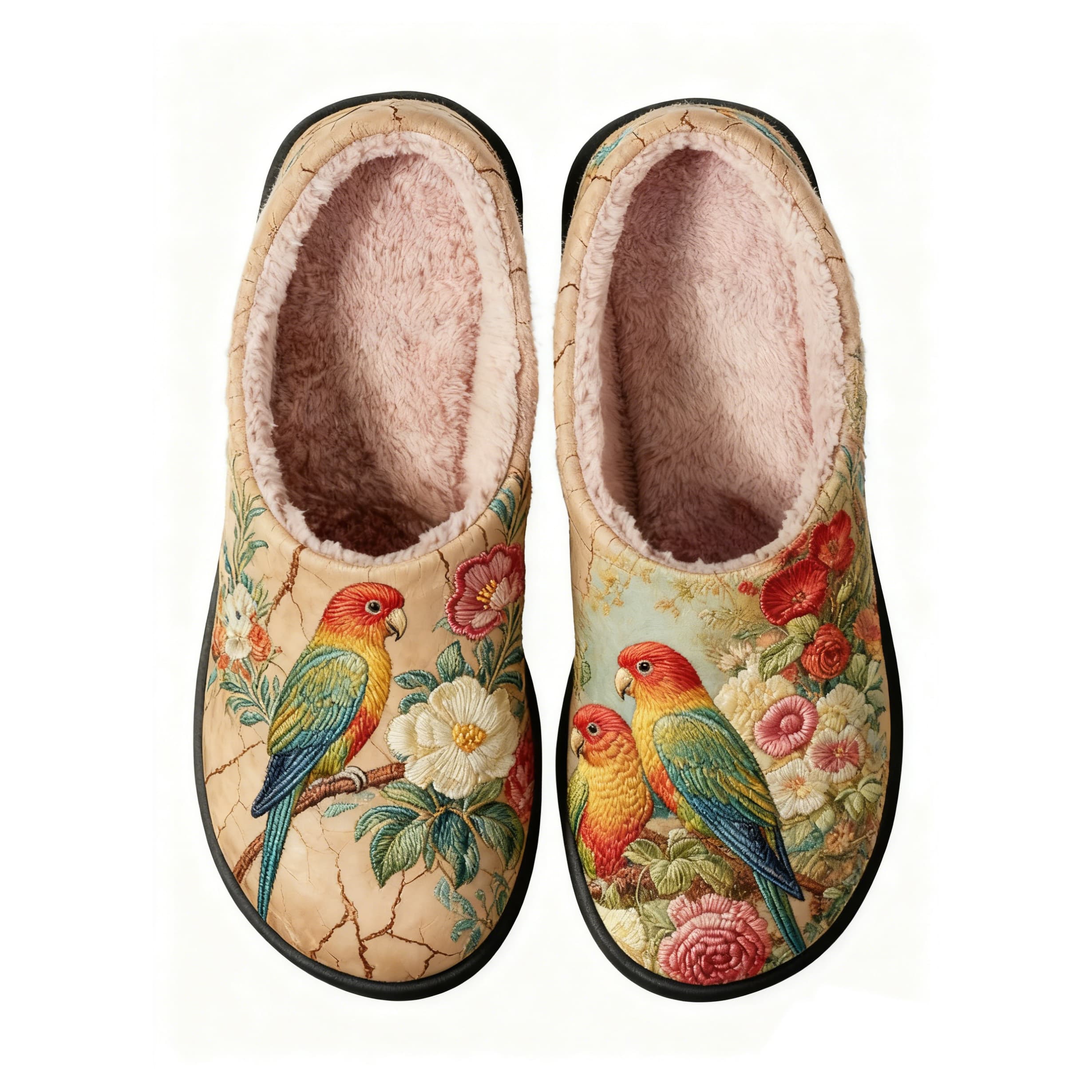 Parrot - Rose Embroidery Plush Printed Slippers