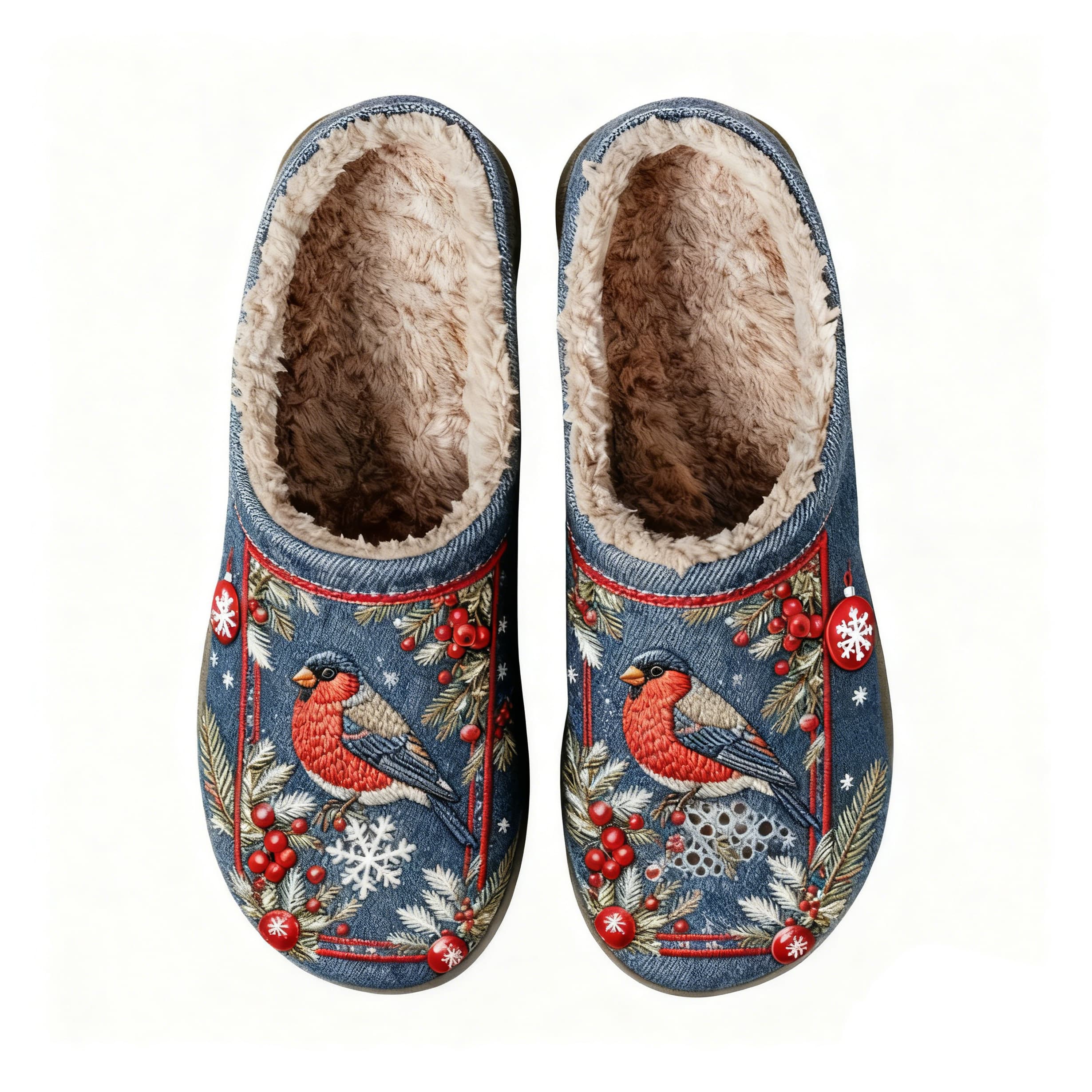 Red Bean and Robin Embroidery Plush Printed Slippers