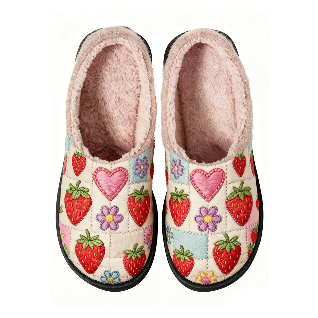 Quilted Strawberry Embroidery Plush Printed Slippers