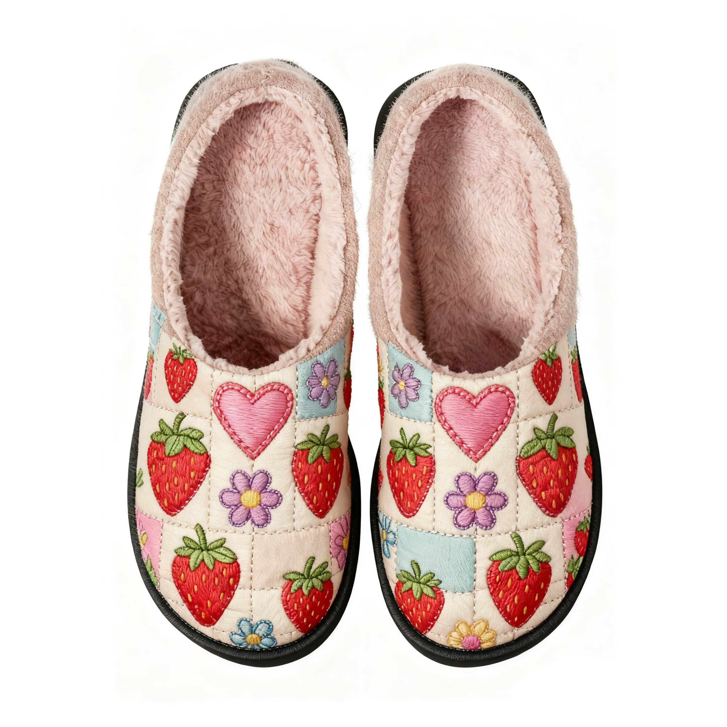 Quilted Strawberry Embroidery Plush Printed Slippers