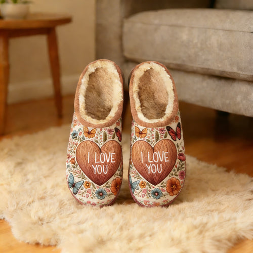 Brown Floral "I Love You" Heart Embroidery Plush Printed Slippers