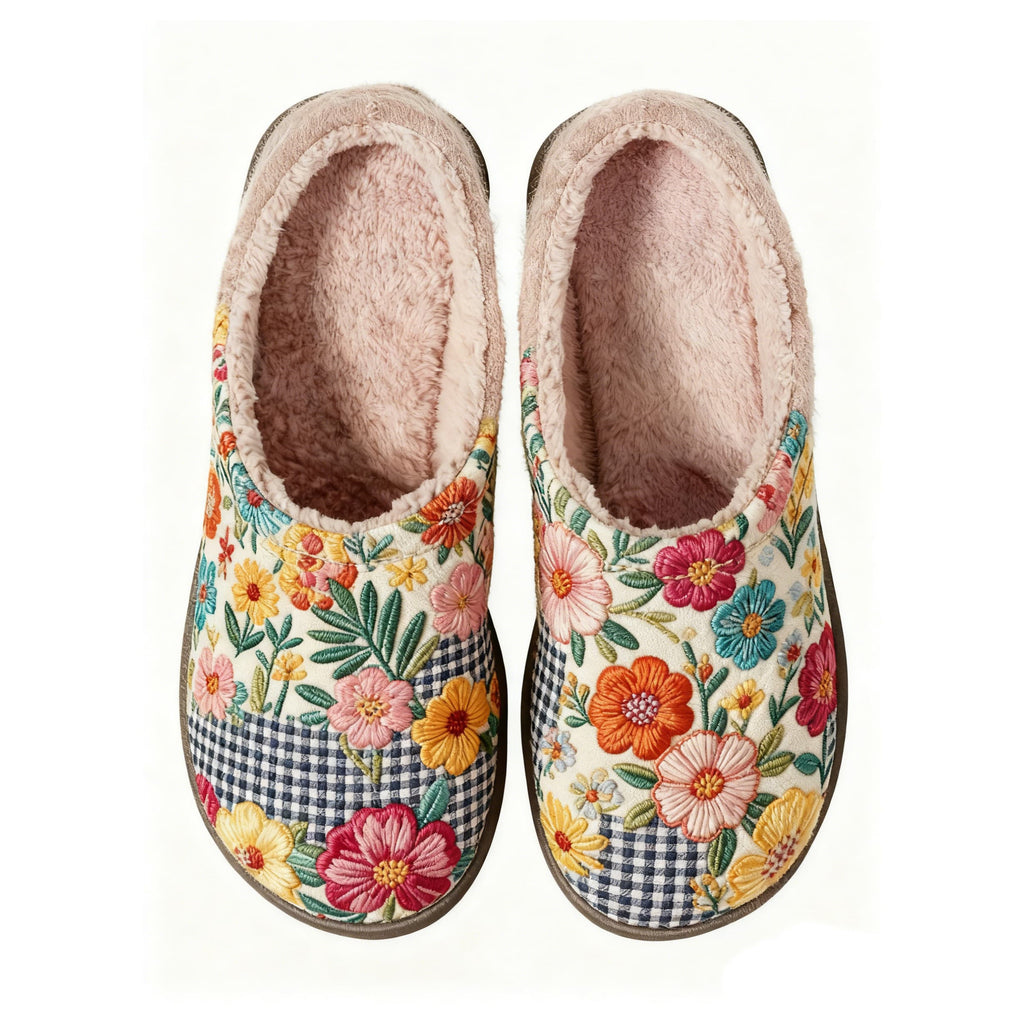 Patchwork Hollyhock Embroidery Plush Printed Slippers