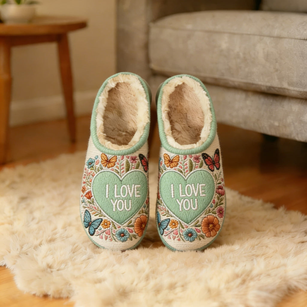 Mint Green Floral "I Love You" Heart Embroidery Plush Printed Slippers