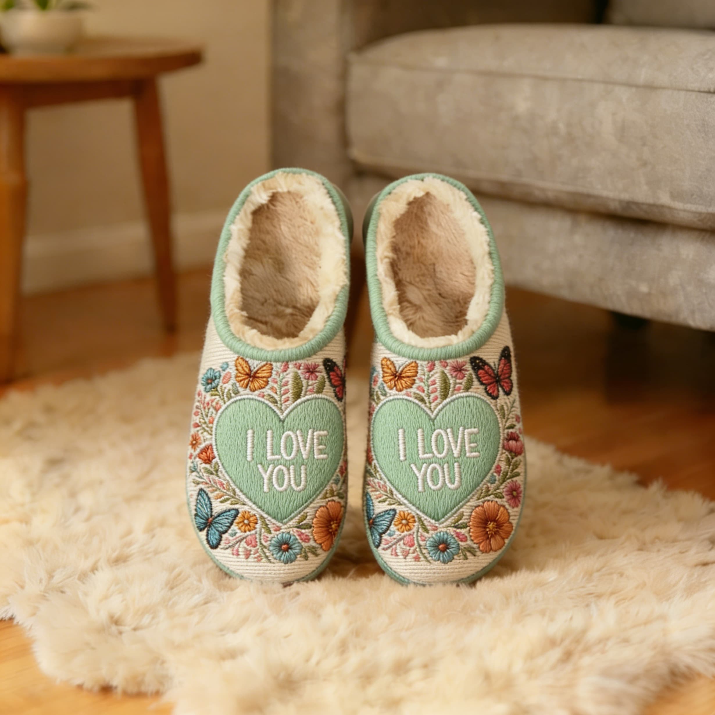 Mint Green Floral "I Love You" Heart Embroidery Plush Printed Slippers