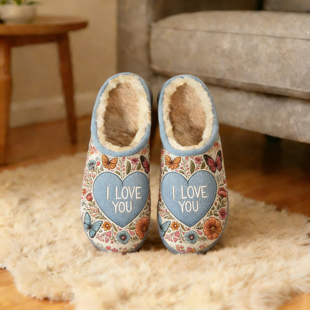 Light Blue Floral "I Love You" Heart Embroidery Plush Printed Slippers