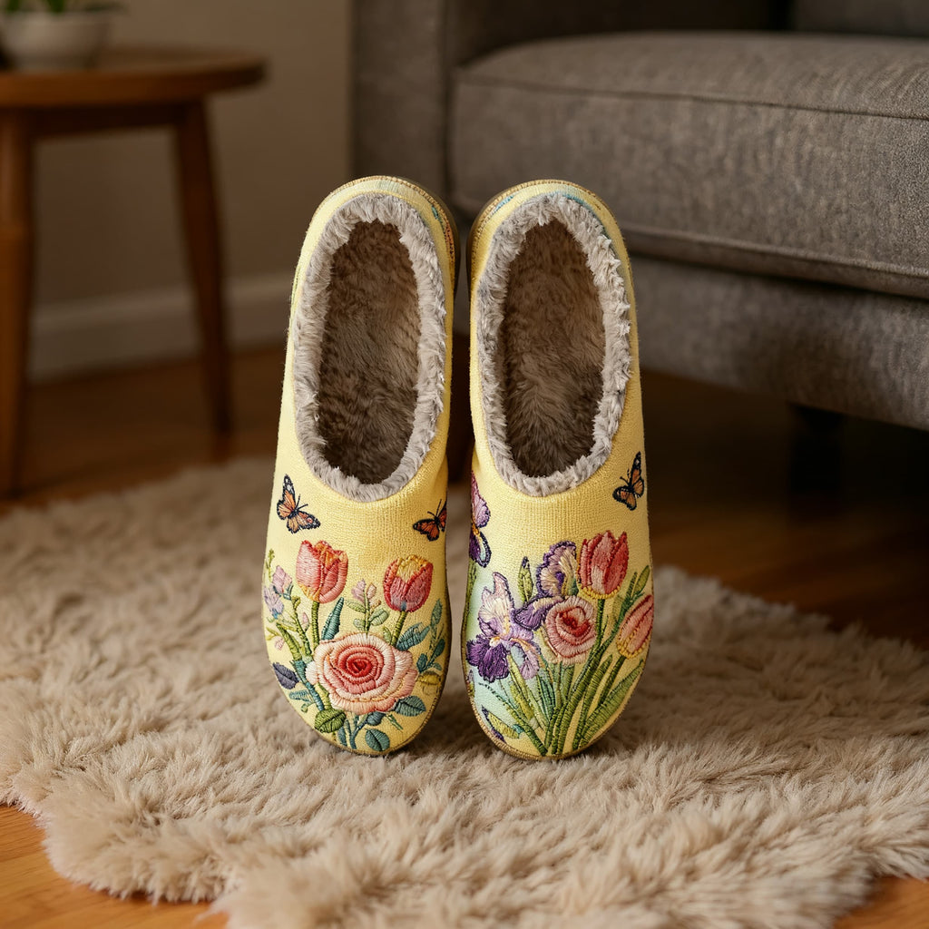 Roses and Tulips Embroidery Plush Printed Slippers