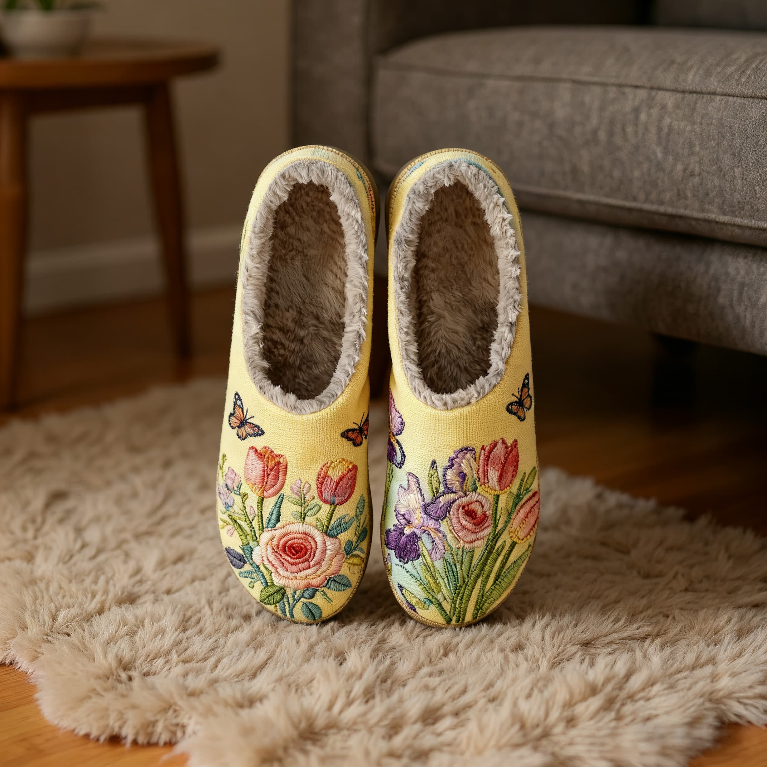 Roses and Tulips Embroidery Plush Printed Slippers