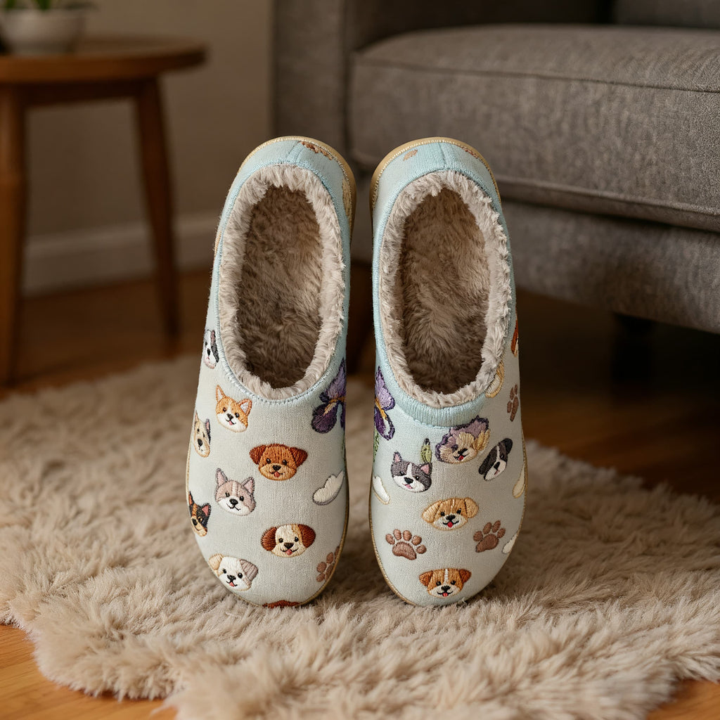 Puppy Stickers Embroidery Plush Printed Slippers