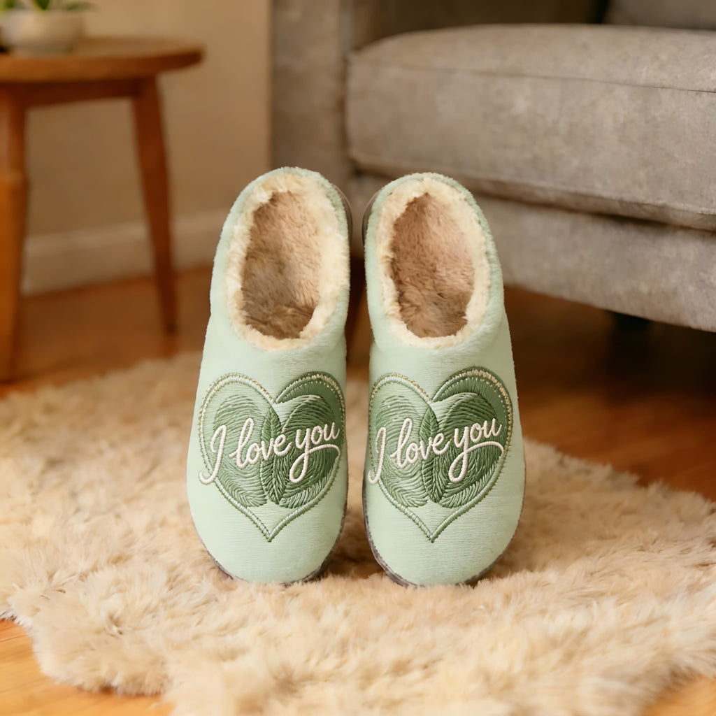 Mint Green Double Heart "I Love You" Embroidery Plush Printed Slippers