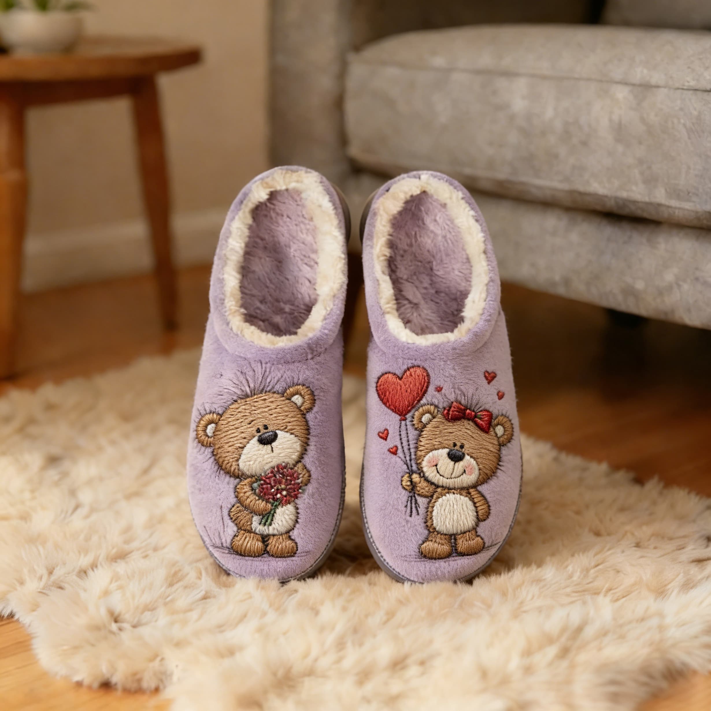 Purple Teddy Bear Couple Embroidery Plush Printed Slippers