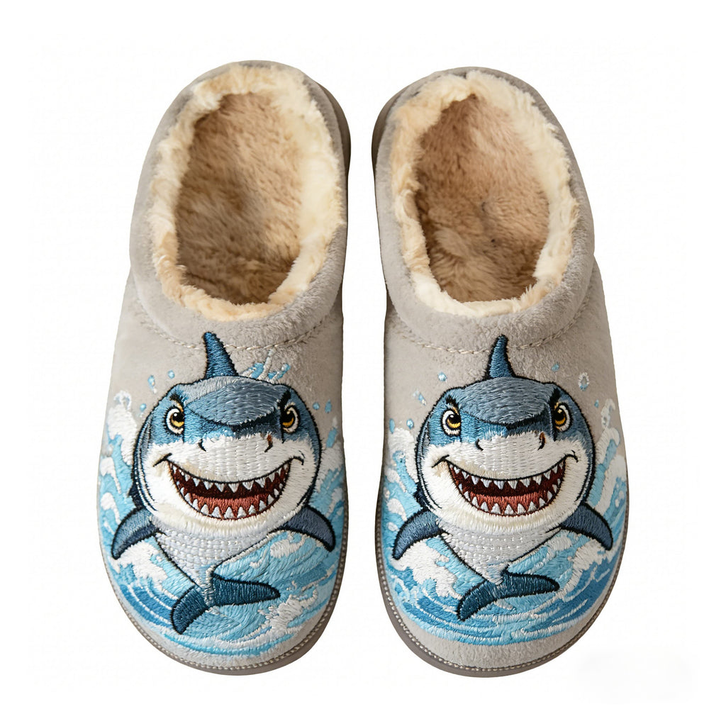 Light Gray Cheerful Shark Embroidery Plush Printed Slippers