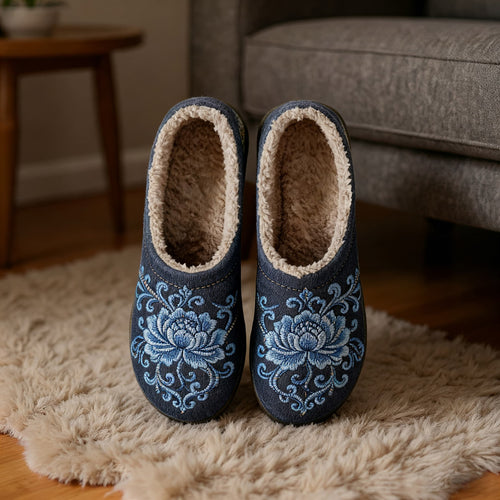 Blue Ice Lotus Embroidery Blue Plush Printed Slippers