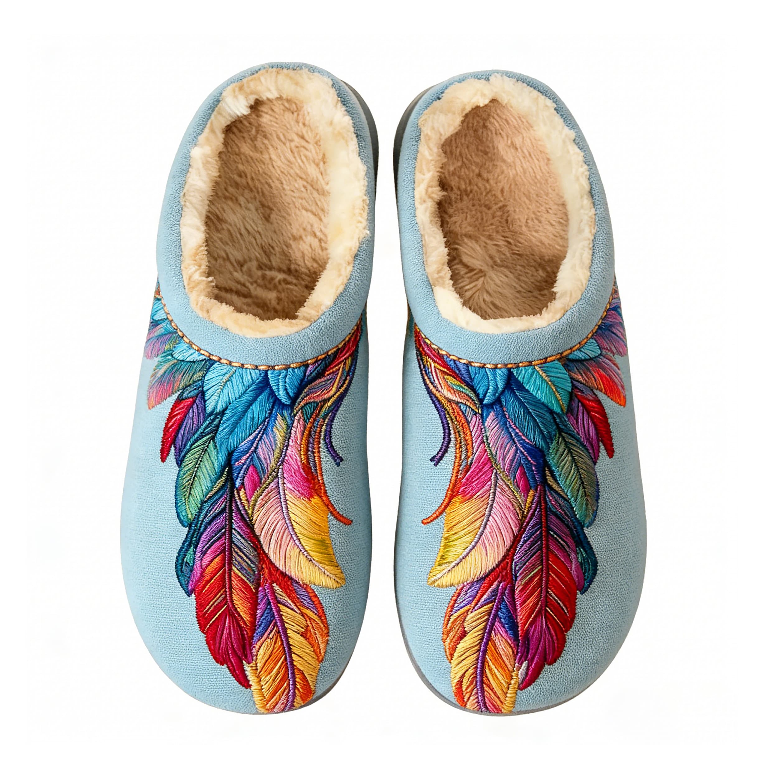 Sky Blue Rainbow Feather Embroidery Plush Printed Slippers