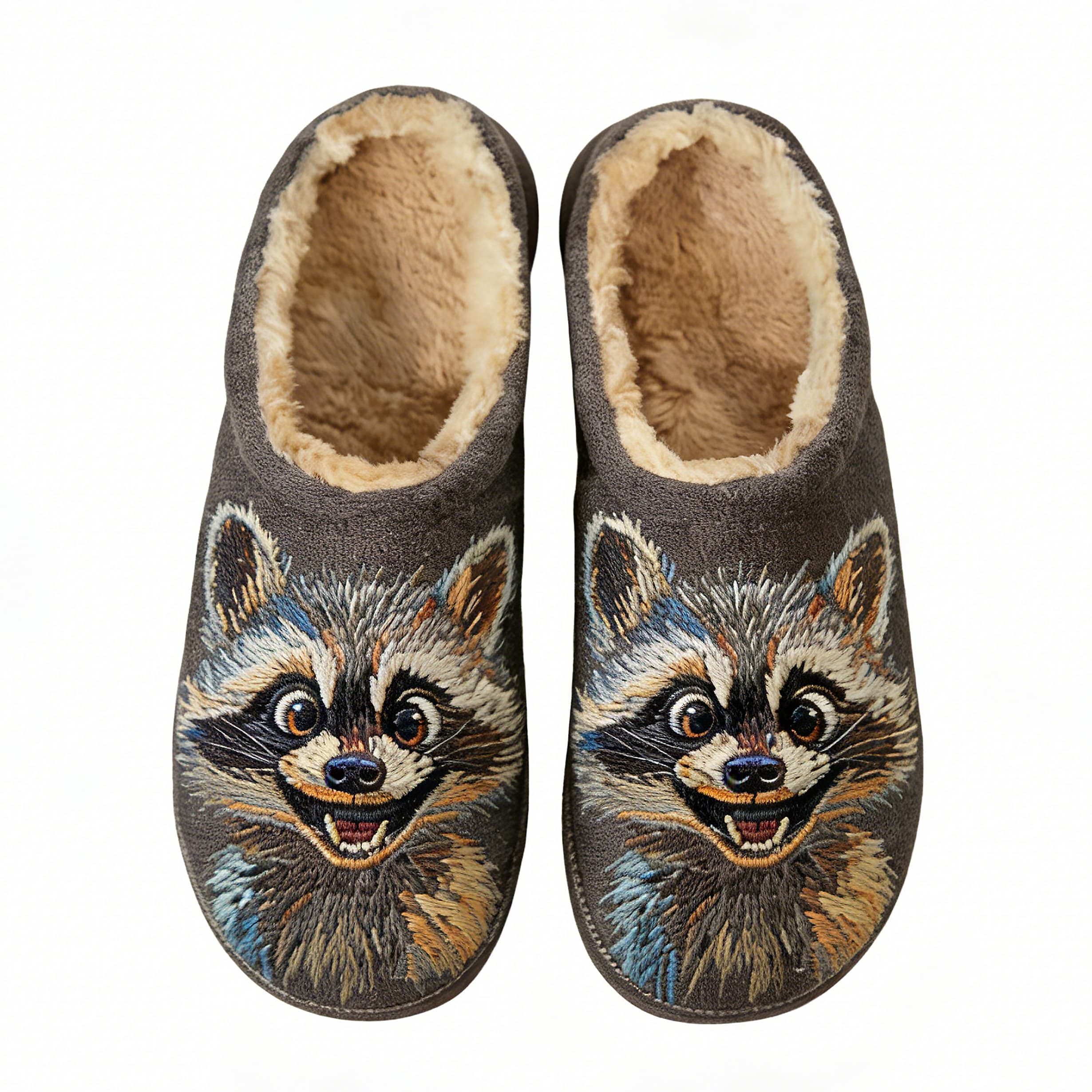 Charcoal Raccoon Grin Embroidery Plush Printed Slippers