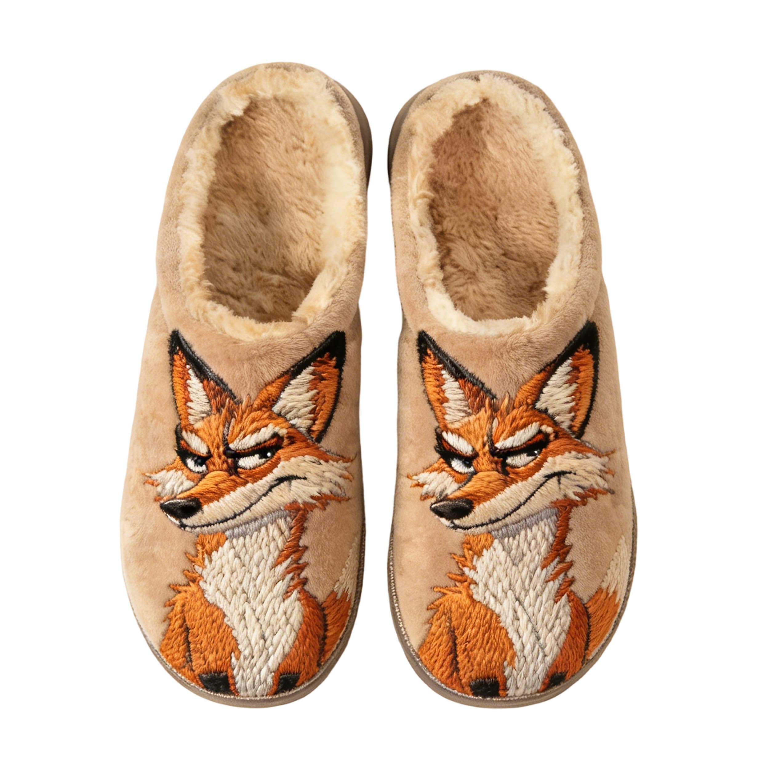 Tan Sassy Fox Embroidery Plush Printed Slippers