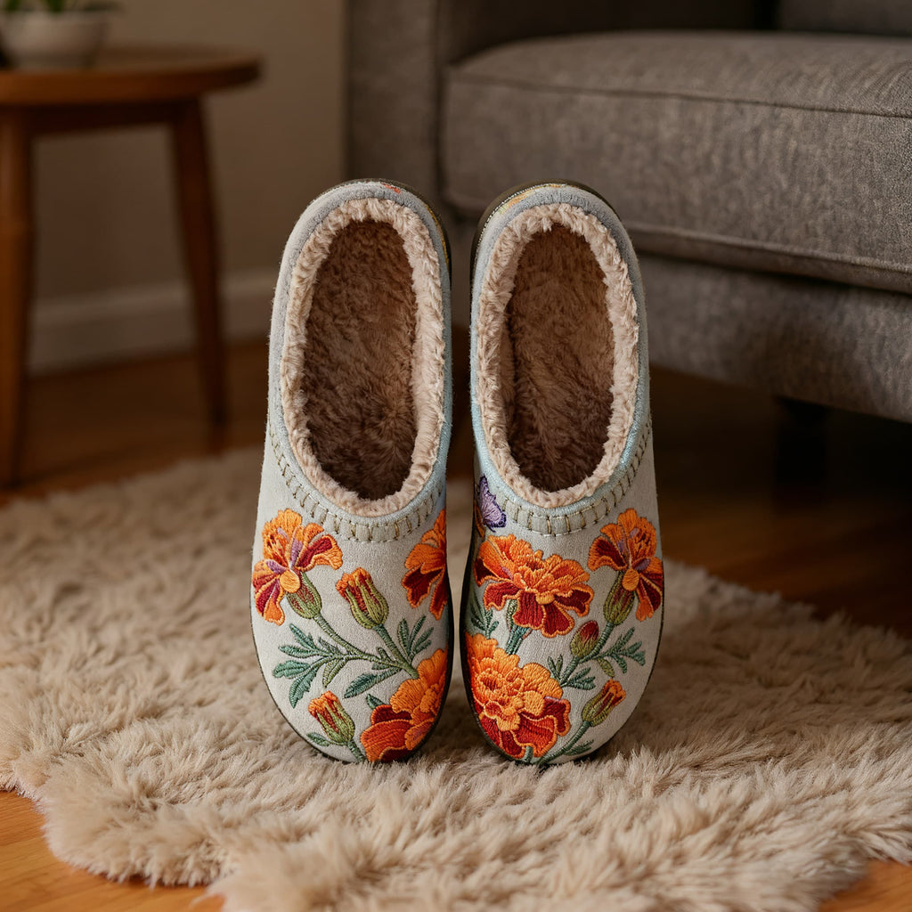 Orange Carnation Embroidery Gray Plush Printed Slippers
