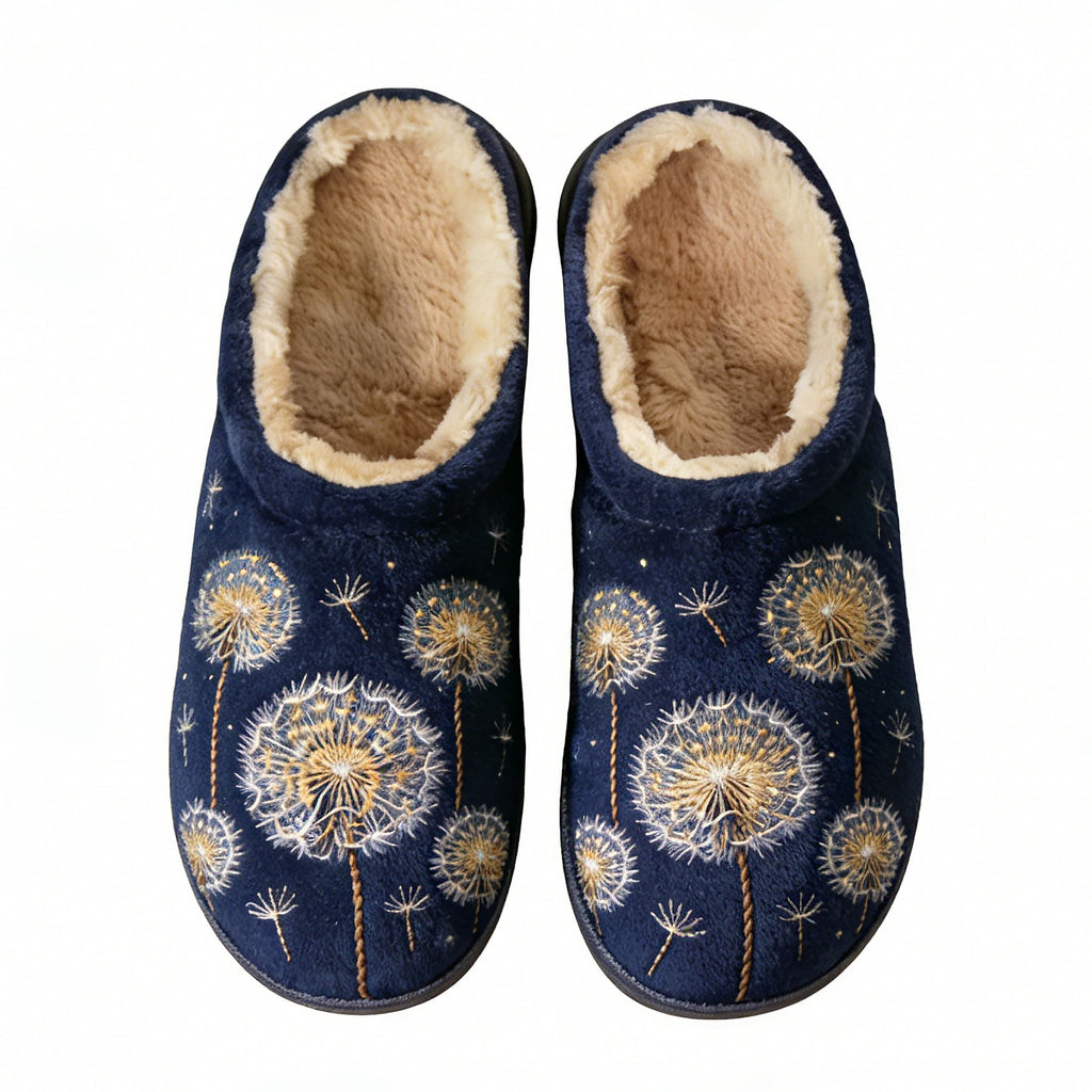Navy Dandelion Fluff Embroidery Plush Printed Slippers