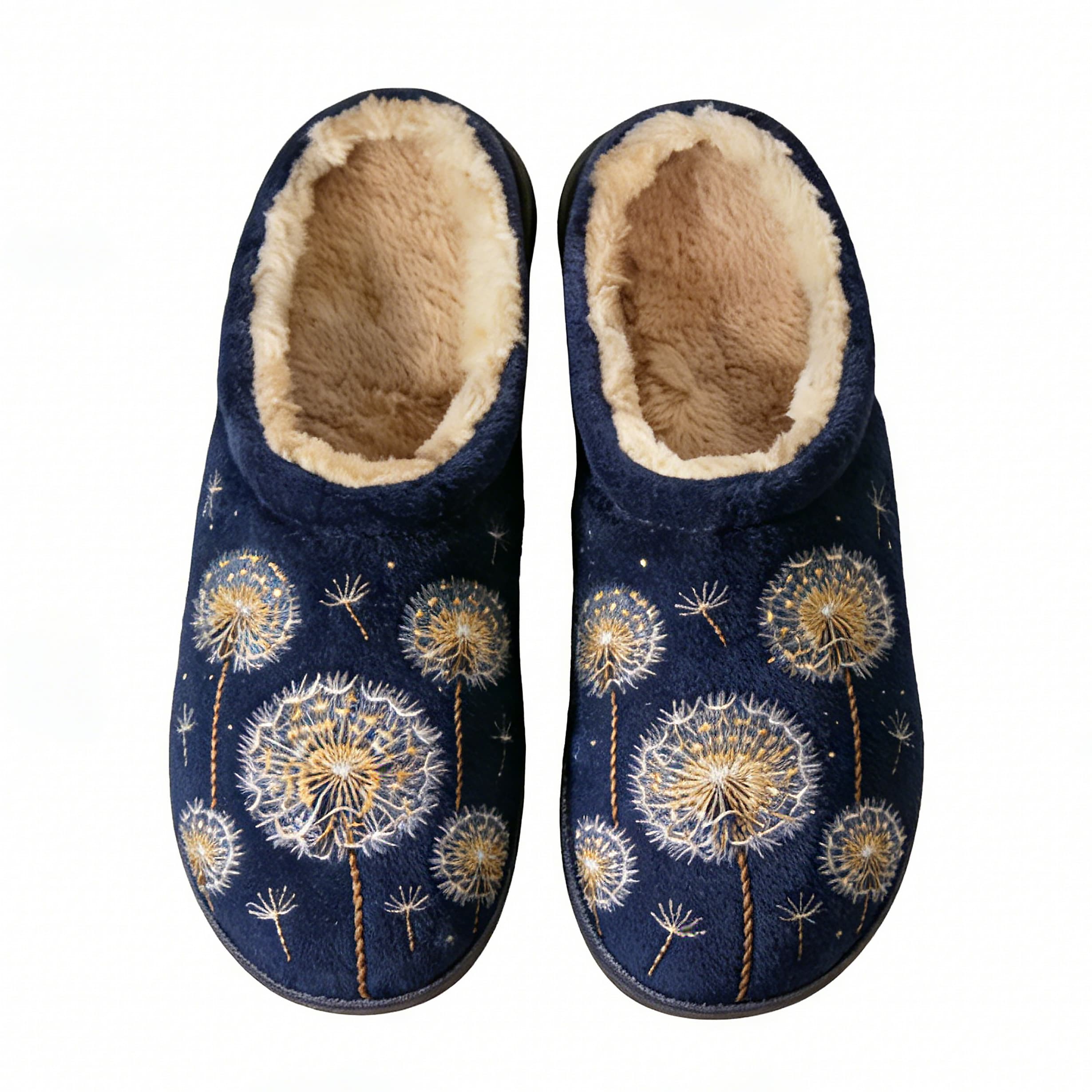 Navy Dandelion Fluff Embroidery Plush Printed Slippers