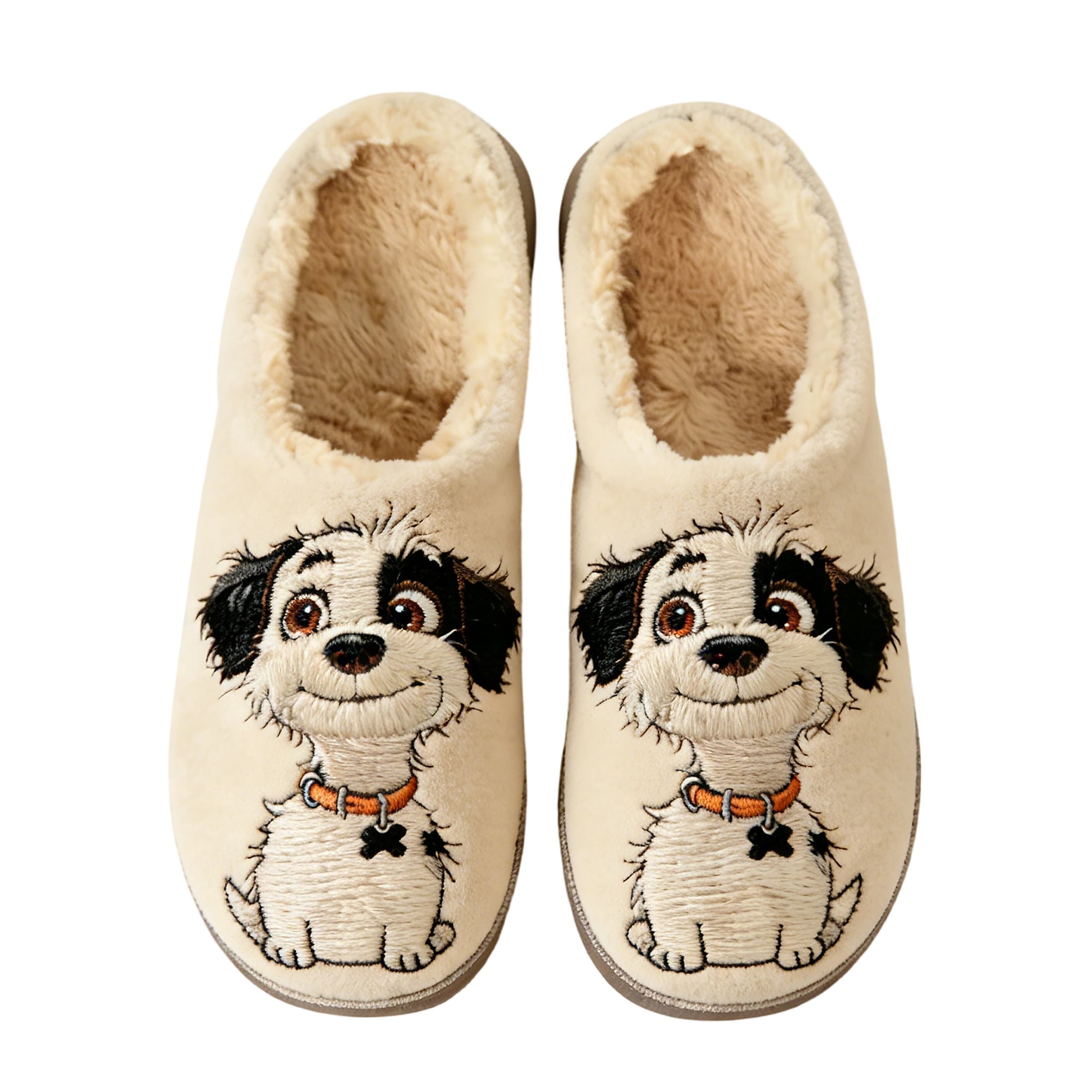 Cream Puppy Cartoon Embroidery Plush Printed Slippers