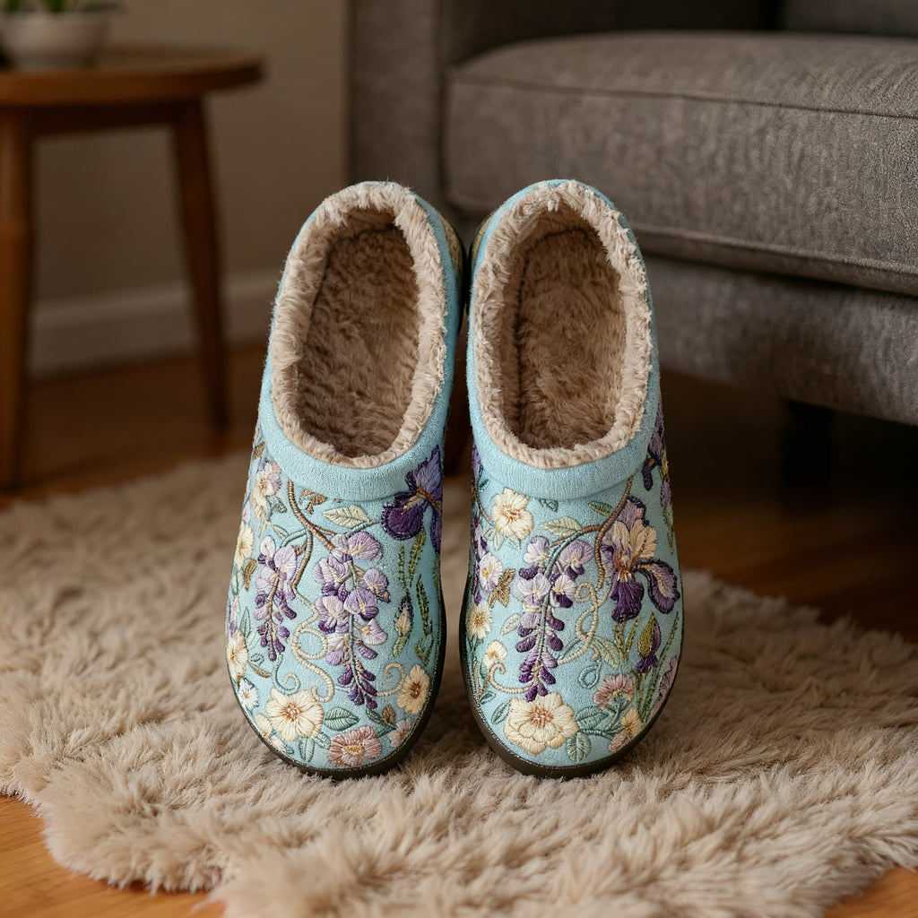 Spring Wisteria Embroidery Plush Printed Slippers