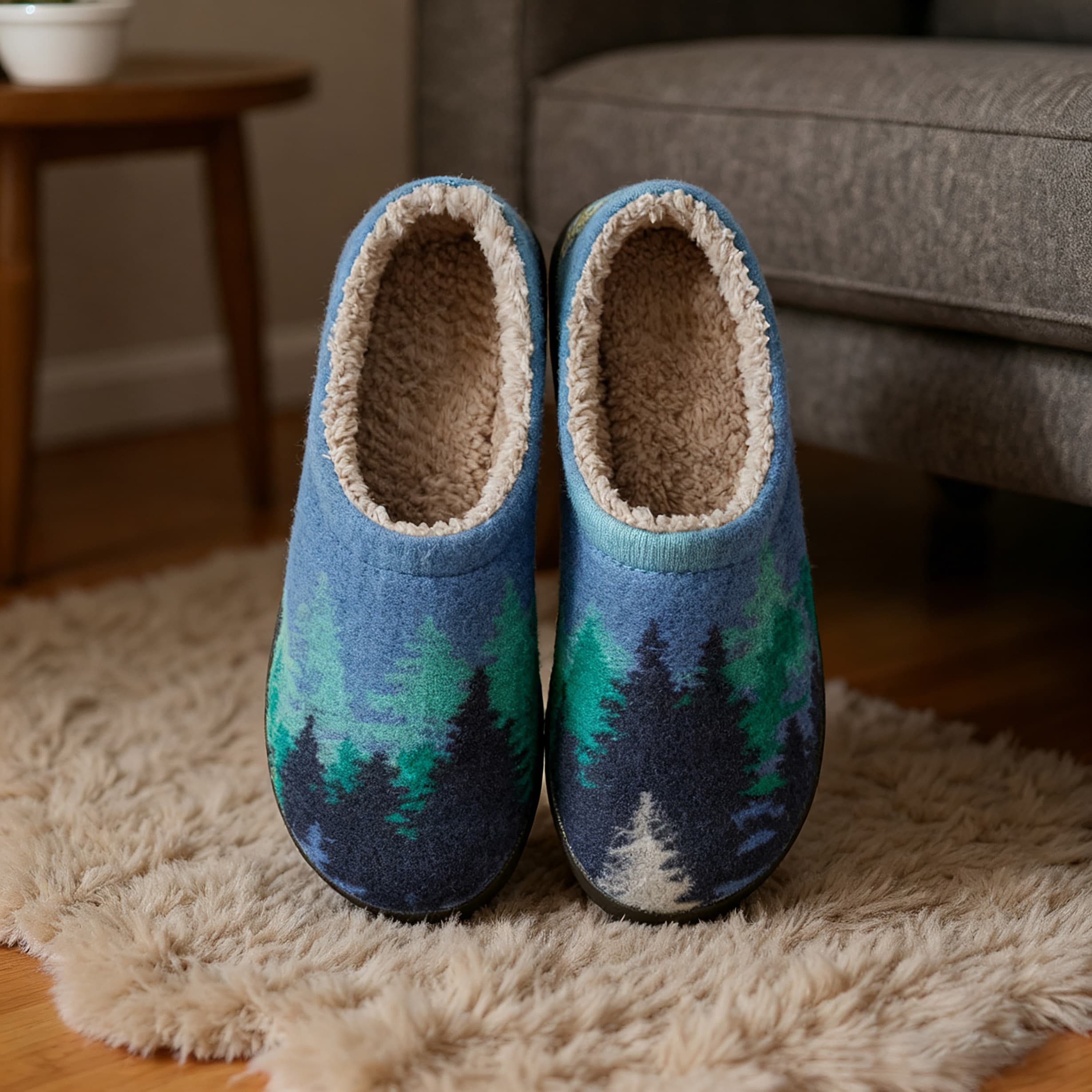 Blue-Toned Curves Embroidery Plush Printed Slippers