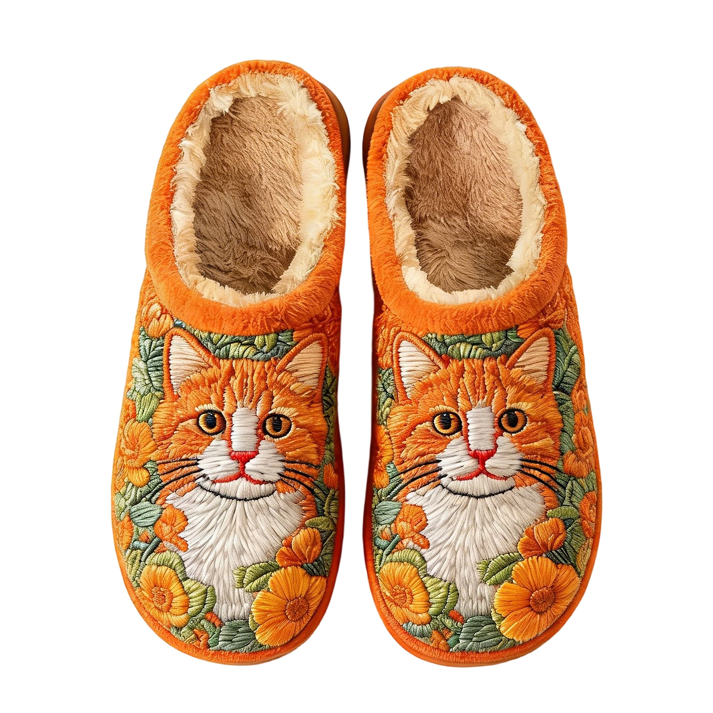 Tangerine Ginger Cat & Marigold Embroidery Plush Printed Slippers