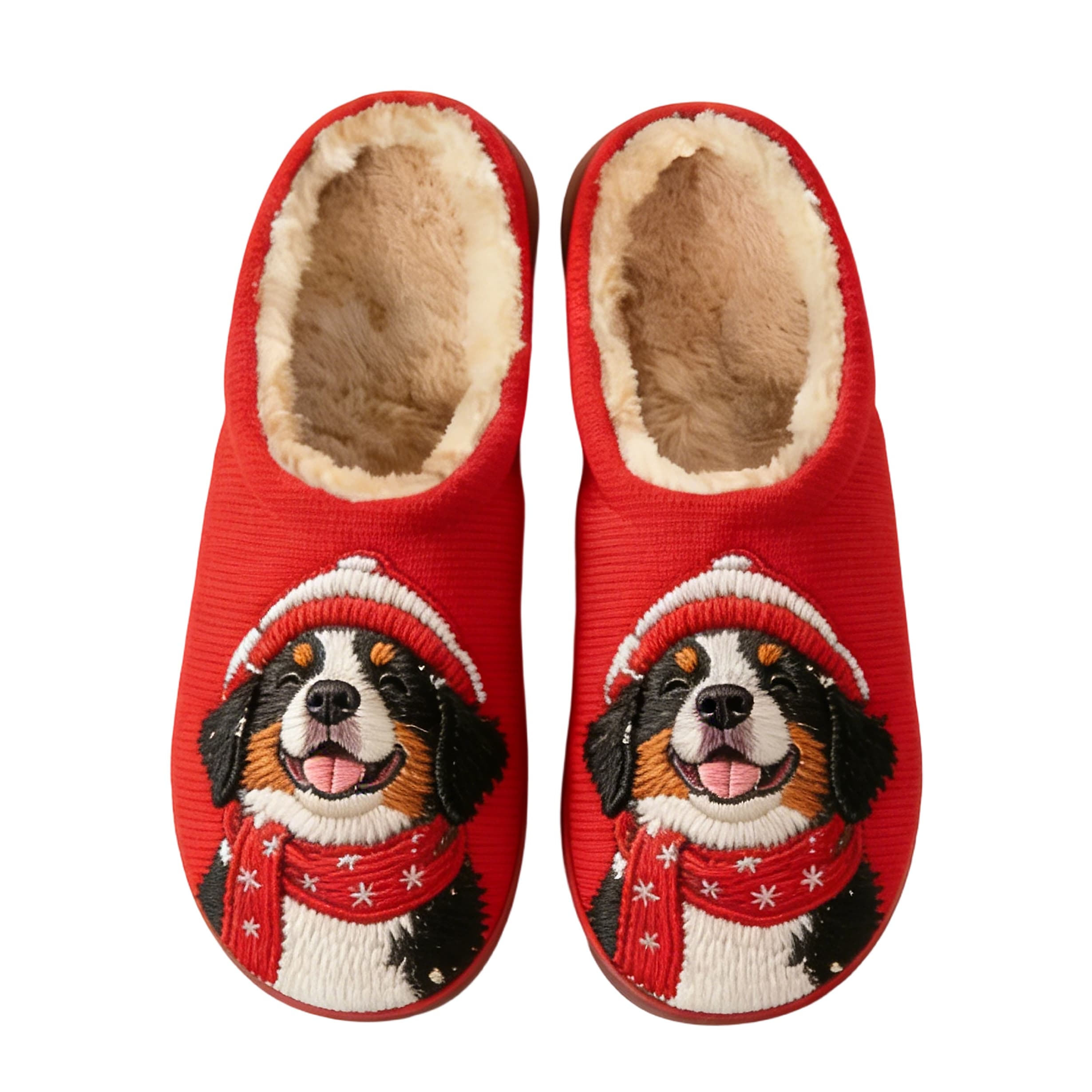Santa Bernese Mountain Dog Holiday Embroidery Plush Printed Slippers
