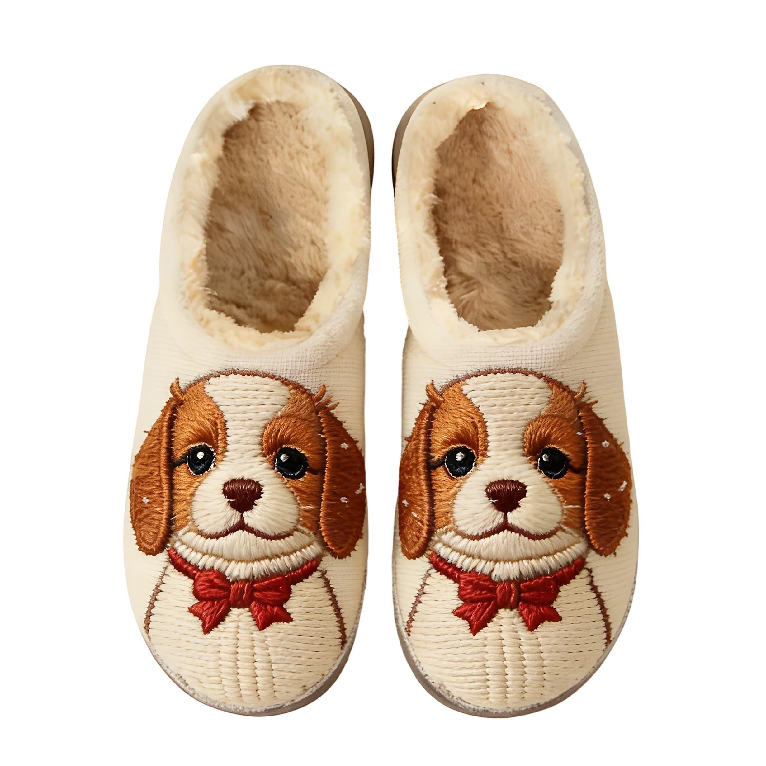 Ivory Puppy With Bowtie Embroidery Plush Printed Slippers