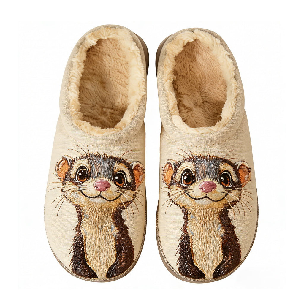 Ivory Ferret Character Embroidery Plush Printed Slippers