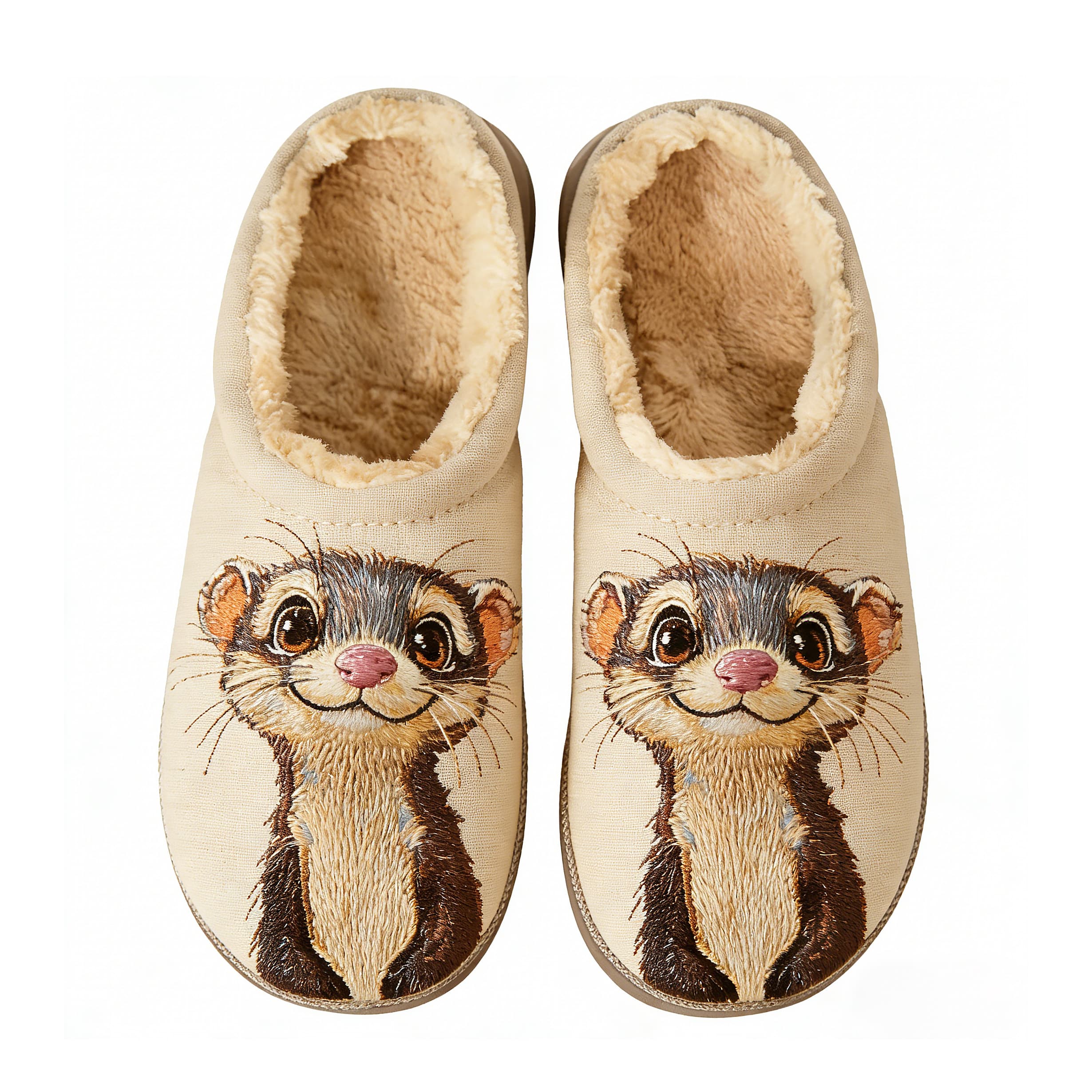 Ivory Ferret Character Embroidery Plush Printed Slippers